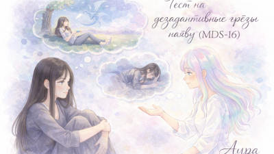 Тест на дезадаптивные грёзы наяву MDS-16 — иллюстрация с человеком в мечтах и ИИ-психологом Аура