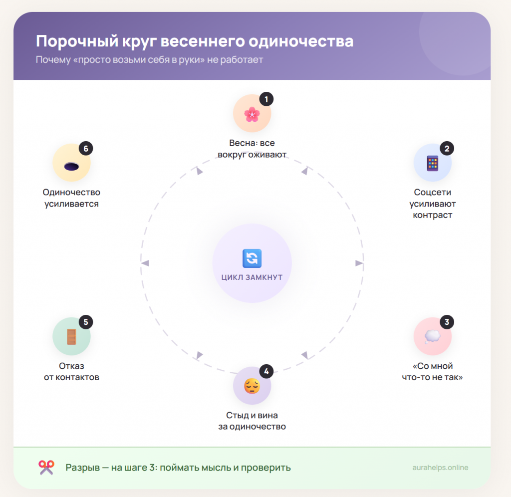 Порочный круг весеннего одиночества — схема замкнутого цикла от контраста до изоляции