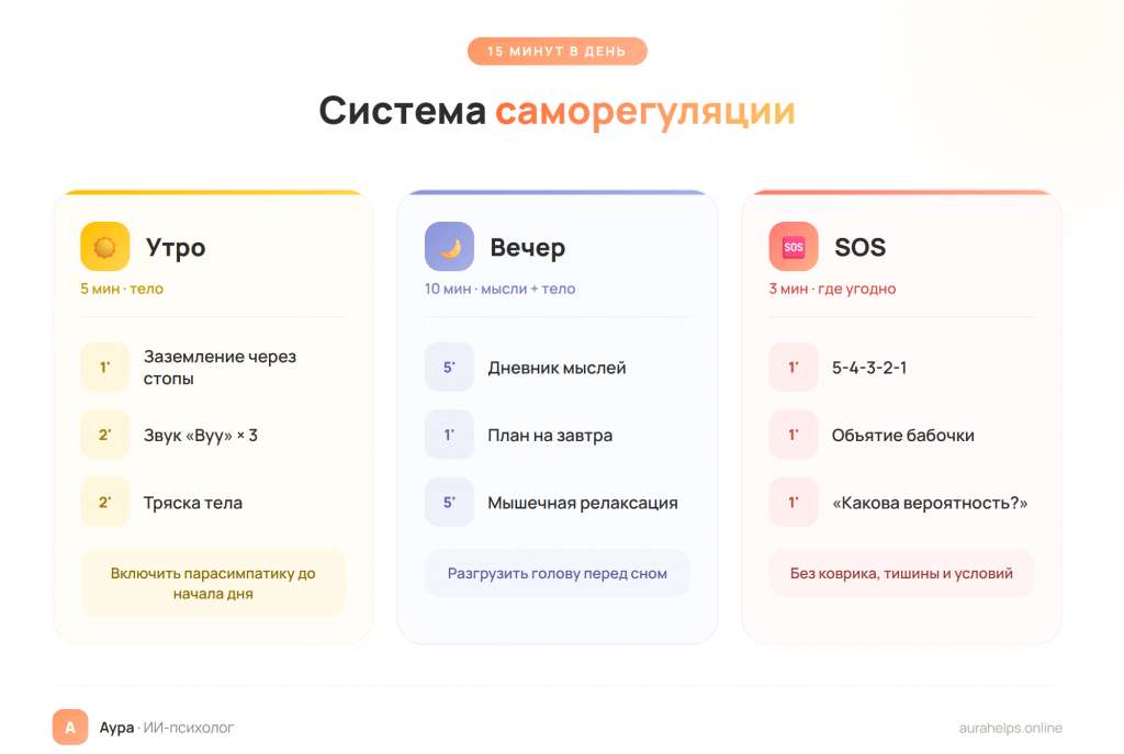 Система саморегуляции нервной системы: утренний телесный ритуал на 5 минут, вечерний когнитивный разбор на 10 минут и экстренный SOS-набор на 3 минуты